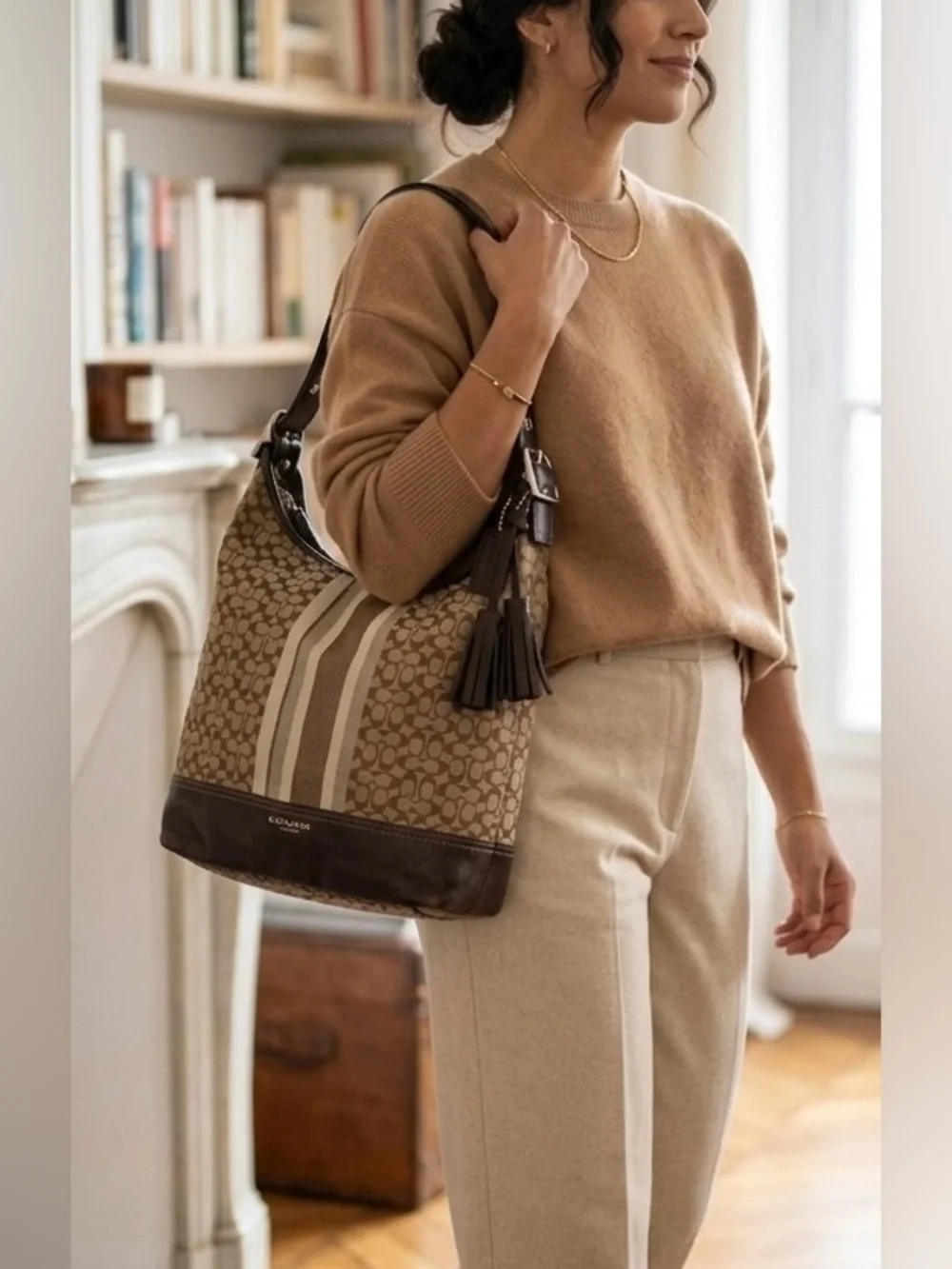 Coach Legacy Brown Beige Hobo Signature C Leather Trim Bag
